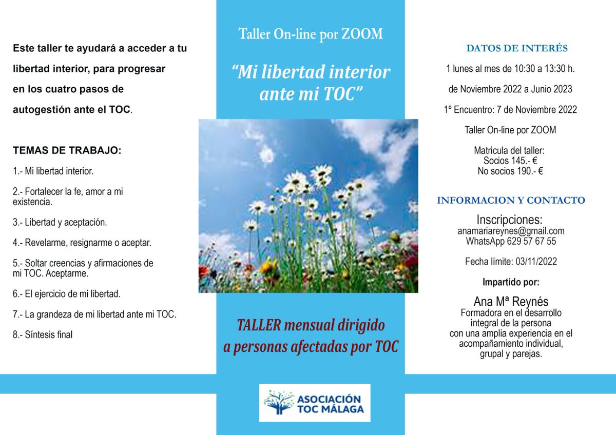 Desde #TOCMalaga nos comparten la invitación a este #taller online. #toc #toc20 #transtoronoobsesivocompulsivo #transtornodeansiedad