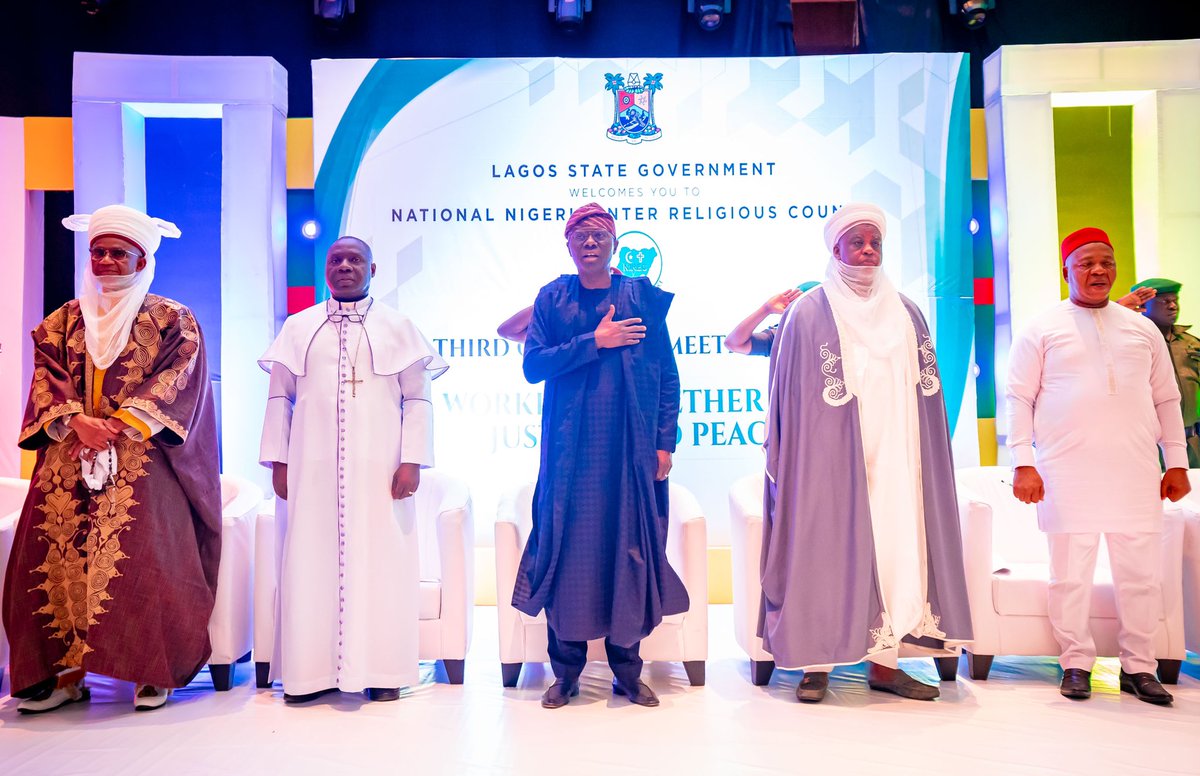 jidesanwoolu's tweet photo. It was my honour to welcome our eminent religious leaders to Lagos today for the 3rd quarter meeting of Nigeria Inter-Religion Council (NIREC).

In my address, I called on Nigerians, irrespective of our religious and ethnic differences to work together for peace in the country. https://t.co/wfr9AoFi86