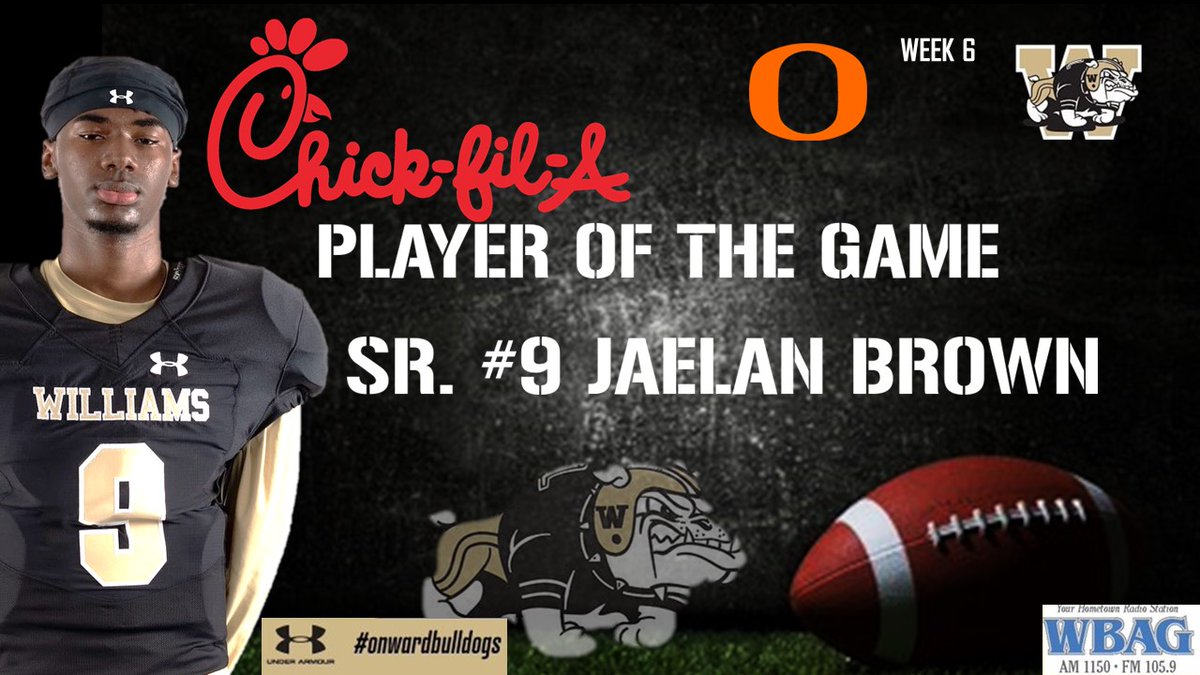 WBAG <a href="/ChickfilA/">Chick-fil-A, Inc.</a> player of the game for week #6 of high school football in Alamance County. <a href="/jaelanbrown04/">Jaelan “jb” Brown 💫</a> Congratulations!! 
<a href="/whsbulldogsfb/">Williams Football</a>  <a href="/DawgAthletics/">Williams Athletics</a> <a href="/BoosterWilliams/">WilliamsAthleticBoosterClub</a>