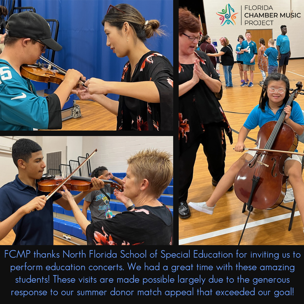 FLChamberMusic's tweet photo. FCMP thanks North Florida School of Special Education for inviting us to perform education concerts. We had a great time with these amazing students! These visits are made possible largely due to the generous response to our summer donor match appeal that exceeded our goal! https://t.co/r8YN34cng5