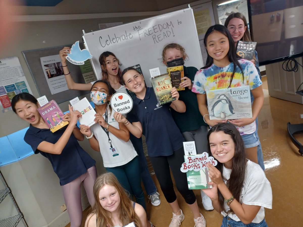 So happy to have #LibraryPrograms in the #SchoolLibrary again! Happy belated #BannedBooksWeek, from our awesome #MidPacific #RebelReaders. 😎