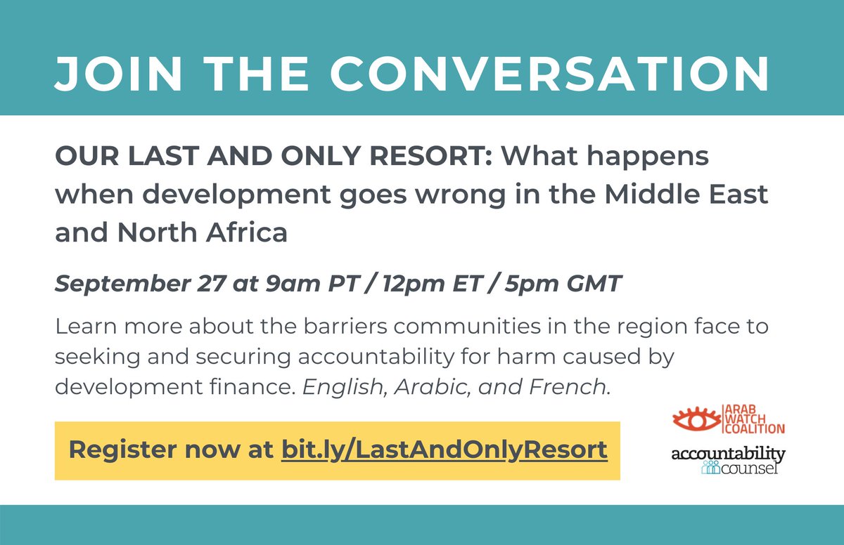 Our Last and Only Resort: communities in the MENA face impossible odds when seeking accountability for harm caused by internat'l finance. Join AC, @awcmena & @EIPR TOMORROW Sept 27 for a deep dive into communities’ experiences w these barriers to justice. bit.ly/LastAndOnlyRes…