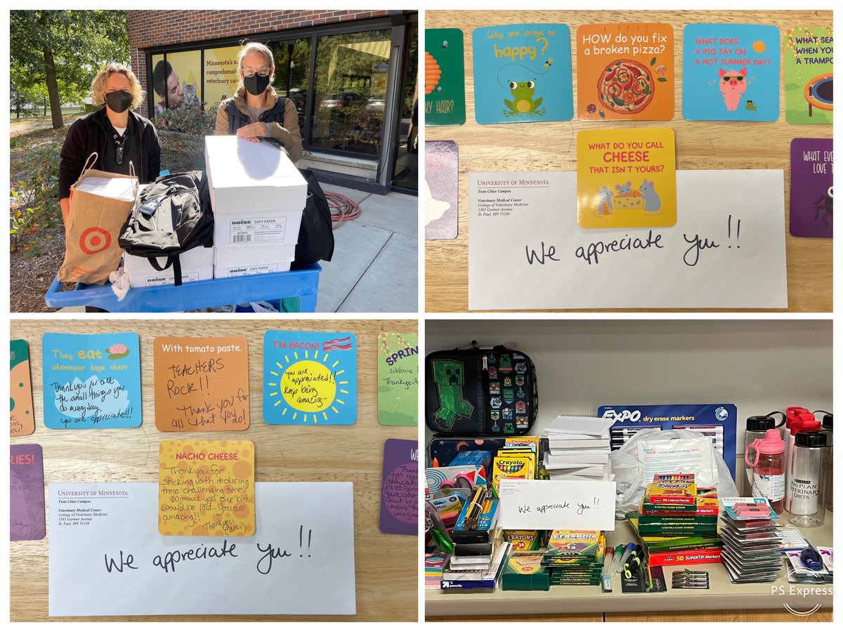 HamlineElem's tweet photo. Wow! Big love and gratitude to the folks at the @umnVMC Lewis Small Animal Hospital for their donation of school supplies! We are so thankful for our supportive and caring community.

School supplies can be found in our Family Room for our teachers and students! https://t.co/ao1E6v430e