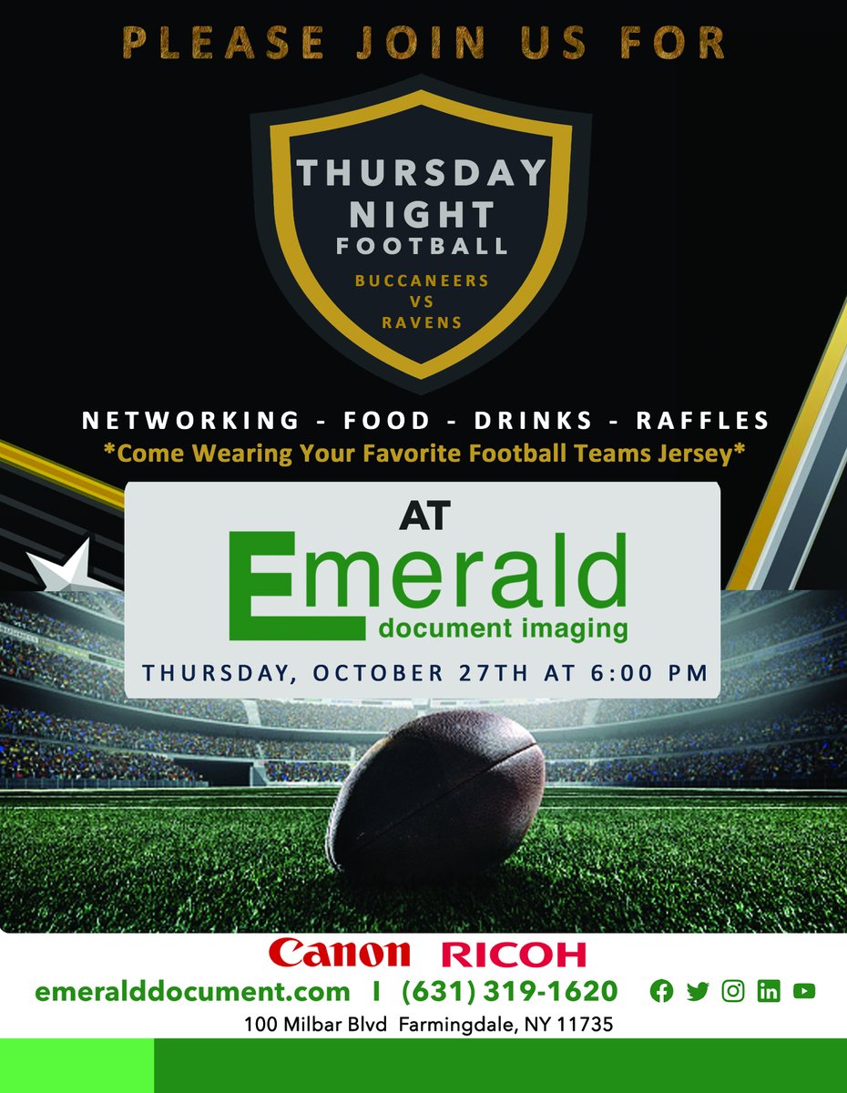 EmeraldDocument's tweet photo. Please join Emerald on October 27th for a fun night of networking, football, and fun! Dress code: your favorite team's jersey 🙂 Register below.

https://t.co/G03gGtl01b

#emeralddocument #longislandbusiness #networkingevent https://t.co/kNjMHbCA2k