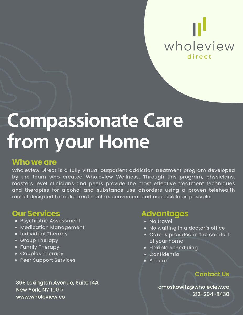 wholeviewnyc's tweet photo. Introducing Wholeview Direct, our new fully virtual outpatient addiction treatment program. We're in network with Healthfirst, Fidelis and NYS Medicaid! Call us at 212-204-8430! https://t.co/Ql8SkyvNA6
