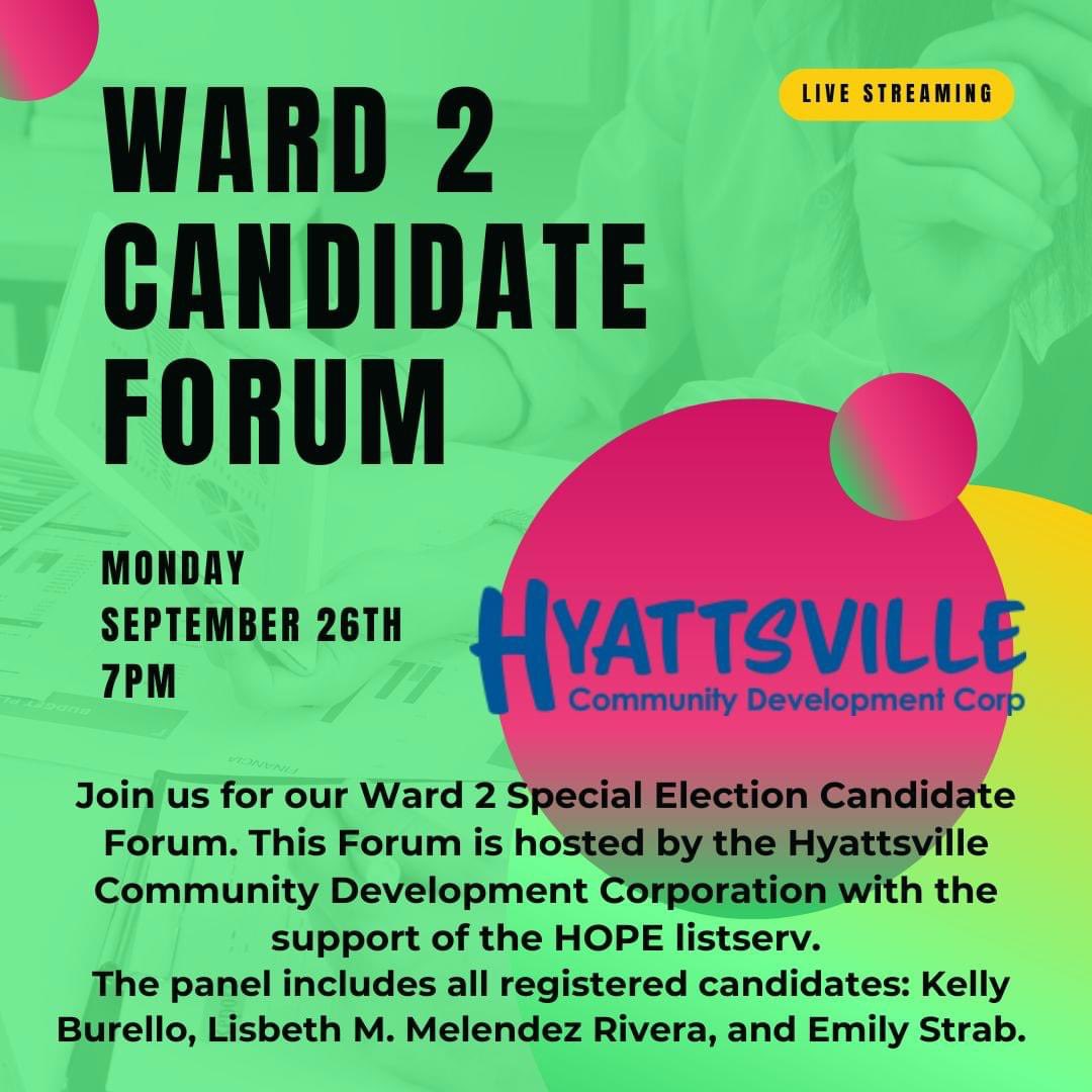 HyattsvilleCDC's tweet photo. REMINDER🔔: Join us today for the Ward 2 Special Election Candidate Forum. 

Ward 2 residents will have the opportunity to get to know the three candidates pre-register here attend the virtual forum using the following link 🔗:

https://t.co/IXWPmFRQEO https://t.co/fASPamNMaz
