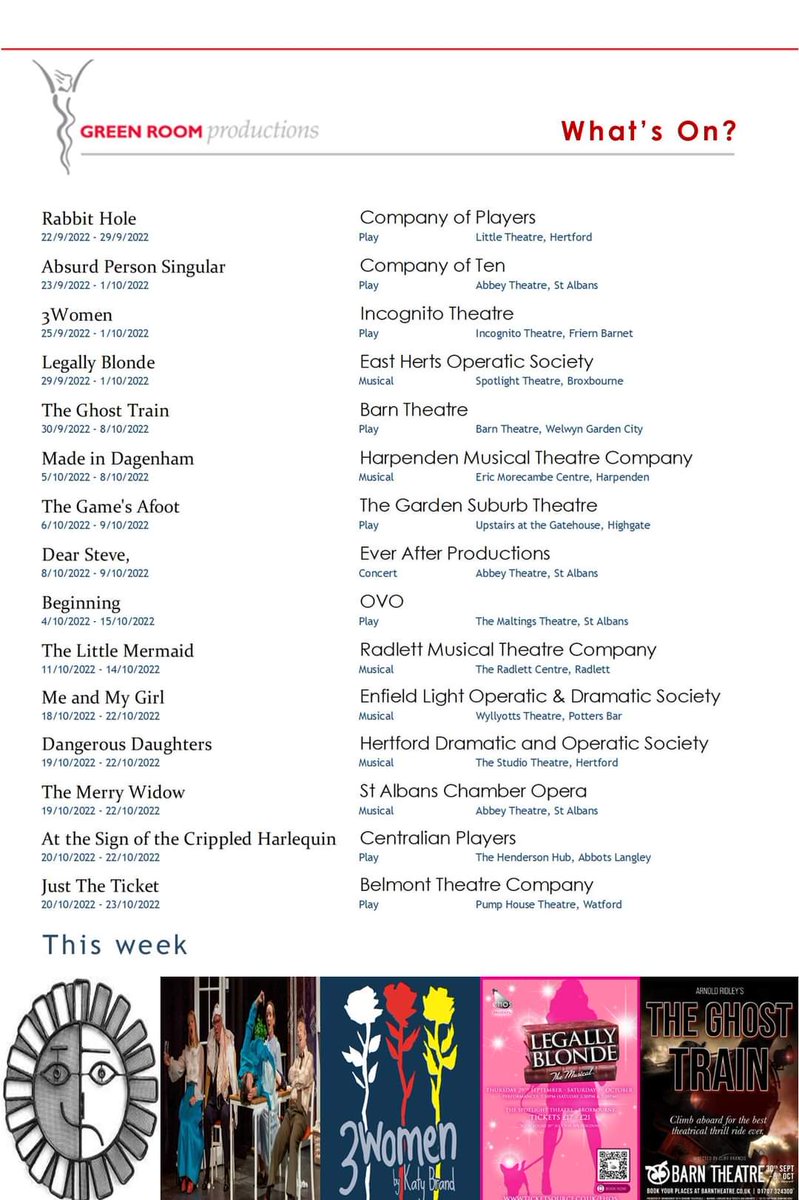 What's on?

<a href="/CoPsHertford/">Company of Players</a> <a href="/CompanyofTen/">The Company of Ten</a> <a href="/AbbeyTheatreStA/">Abbey Theatre</a> <a href="/Incogs_Theatre/">Incognito Theatre</a> <a href="/ehosperform/">EHOS</a> <a href="/SpotlightTheatr/">Spotlight Theatre</a> <a href="/BarnTheatreWGC/">The Barn Theatre</a> <a href="/HMTC60/">Harpenden Musical Theatre Company</a> <a href="/GdnSubTheatre/">GardenSuburbTheatre</a> <a href="/OVOtheatre/">OVO at The Roman Theatre</a> <a href="/radlettmtc/">RMTC</a> <a href="/ELODSUK/">ELODS</a> <a href="/HDandOS/">HD&OS</a> <a href="/BelmontTheatre1/">Belmont Theatre</a> <a href="/PumpHouseCentre/">Pump House Theatre and Arts Centre</a> <a href="/TheCentralians/">Centralian Players</a>