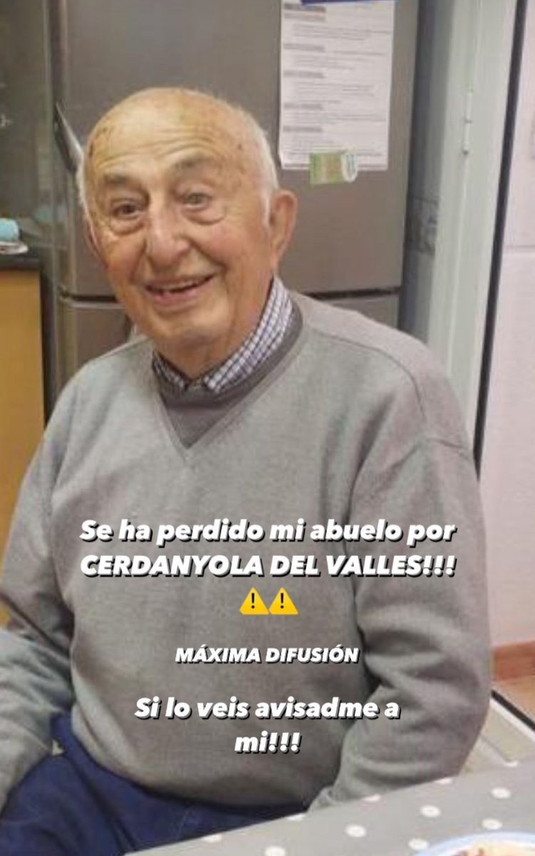 puntinfo's tweet photo. ATENCIÓ❗️
S’ha perdut un home de 92 anys, veí de la plaça Goya aquesta tarda. 
Per a qualsevol informació truqueu al telèfon 625 693 256 o a la policia. 
#Cerdanyola https://t.co/6LyqDqyZtl