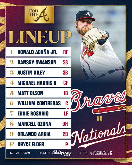 Acuña Jr., Swanson, Riley, Harris II, Olson, Contreras, Rosario, Ozuna, Arcia. Elder on the mound.