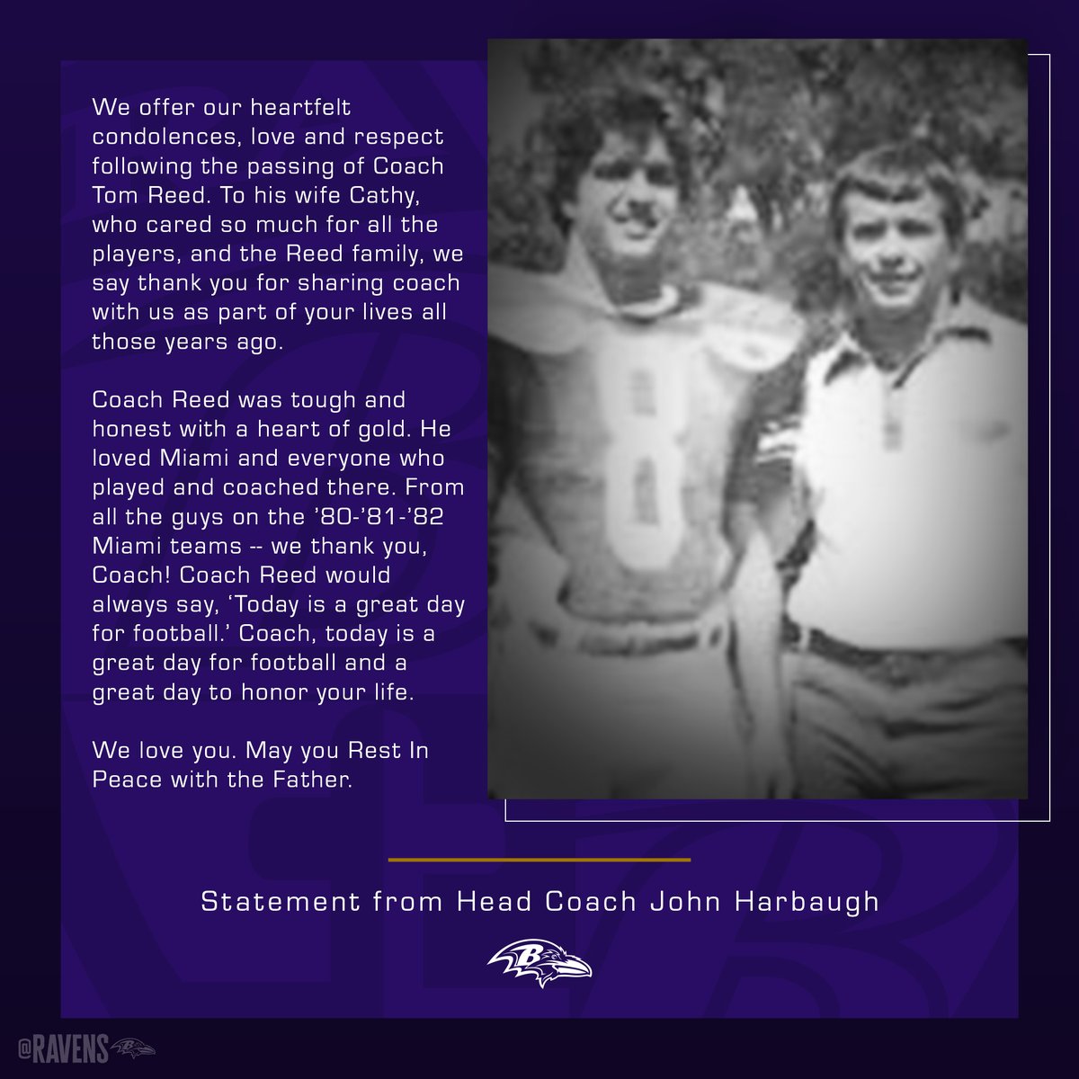 Ravens's tweet photo. We offer our heartfelt condolences, love and respect following the passing of Coach Tom Reed. https://t.co/CEJcTtvXJN