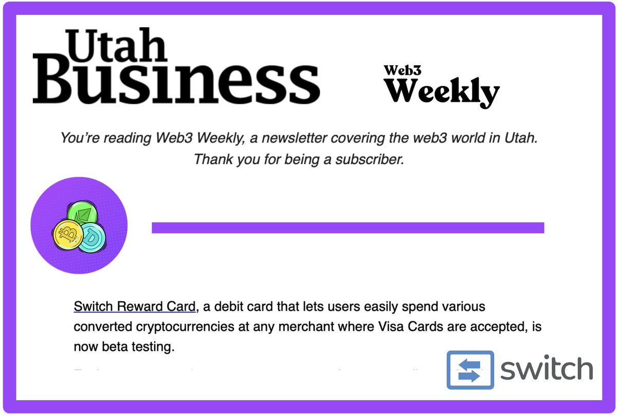 switch_rewards's tweet photo. Thanks to @UtahBusiness for mentioning our Beta Testing in their #Web3 Newsletter.
Sign up for the Waitlist Today: https://t.co/BZB1hpmckN
#MadeInUtah #UtahBusiness #UtahWeb3 #UtahCrypto #Web3Weekly https://t.co/eRgZpu2I5j