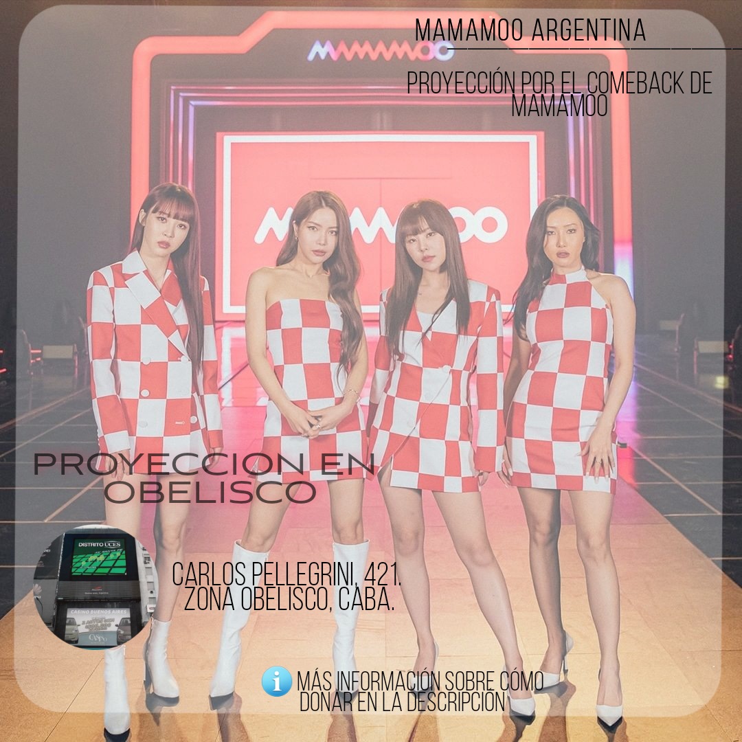 mamamoo_arg's tweet photo. MAMAMOO EN EL OBELISCO: Proyecto Comeback

📆 LÍMITE: 12 de OCTUBRE

¡MOOMOOS! Queremos anunciarles un proyecto para el regreso de Mamamoo.

Colocaremos una PANTALLA LED frente al Obelisco en BS AS, el sabado 15 de Octubre 🇦🇷.

Quienes puedan donar participan de un sorteo.
⬇️ https://t.co/Gj63fLp3zO