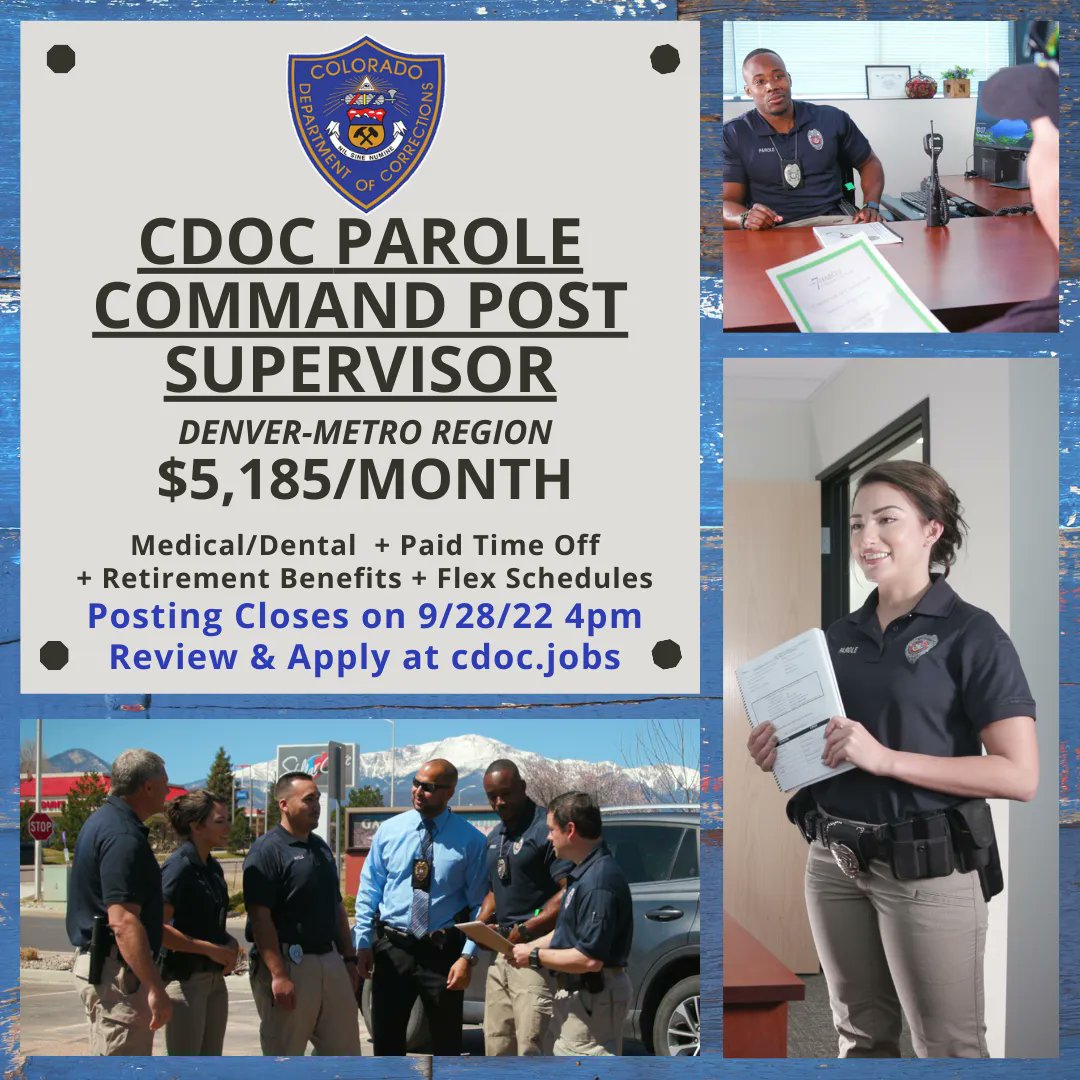 ColoradoDOCJobs's tweet photo. Hiring CDOC Parole Command Post Supervisor. Includes medical/dental, PERA retirement, benefits, and flexible schedule. $5,185/mo. Apply by 9/28/22 at https://t.co/pJb7eQQylR. #paroleofficer #postcertified #lawenforcement #socialworker #probation https://t.co/mNhk1dzbBw
