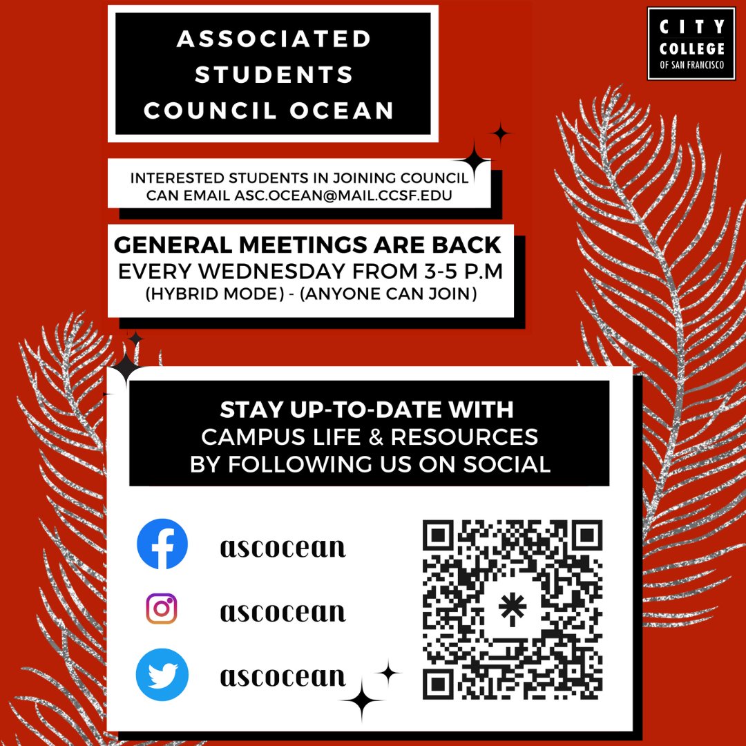 OfficialCCSF's tweet photo. The Associated Students Council of Ocean Campus is back and holding General Council meetings every Weds, 3-5PM. Members of the public are welcome to join anytime and anyone can request an agenda item. Stay up to date by following @ascocean
#CCSF #CCSFRams #StudentLeadership https://t.co/1Qn7fRzHHd