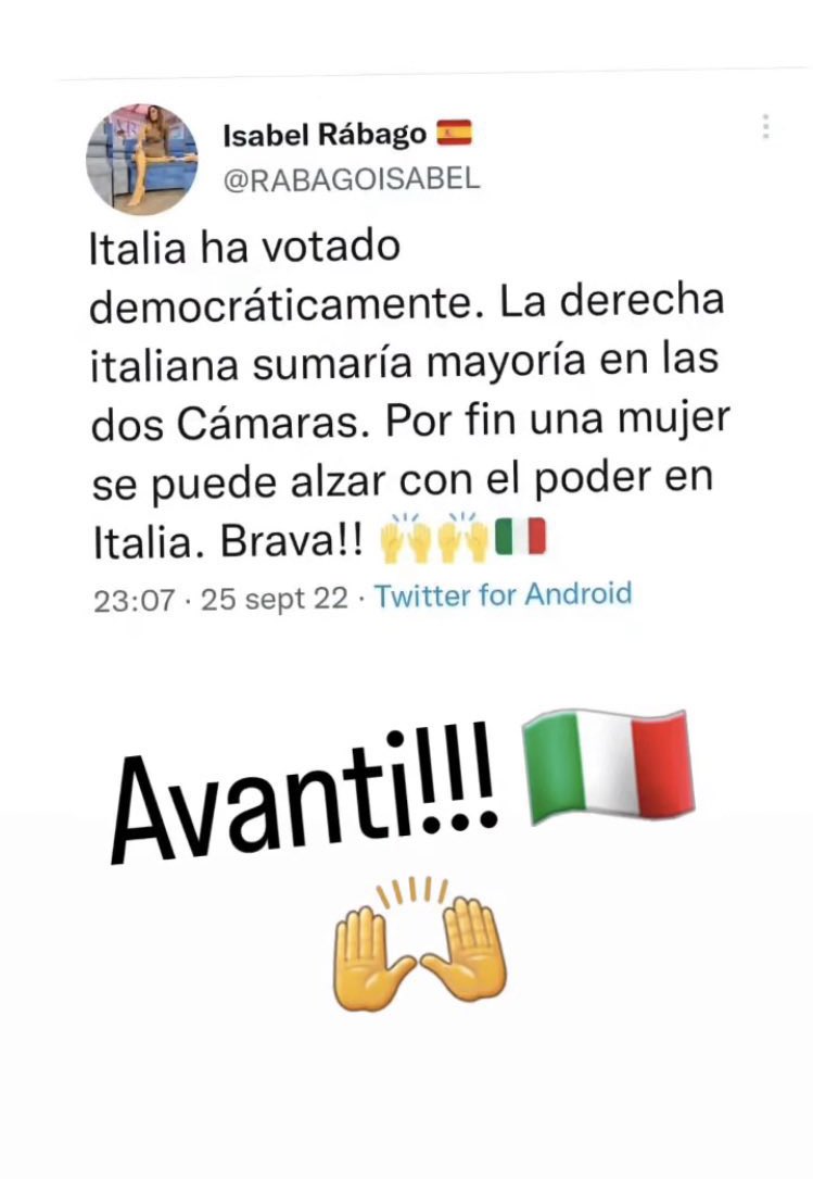 MiguelFrigenti's tweet photo. Que Isabel Rábago quiera mezclar feminismo con ultraderecha es señal de que poco nos pasa. Se podría ir a vivir a Italia. https://t.co/FSc7zTaFKl