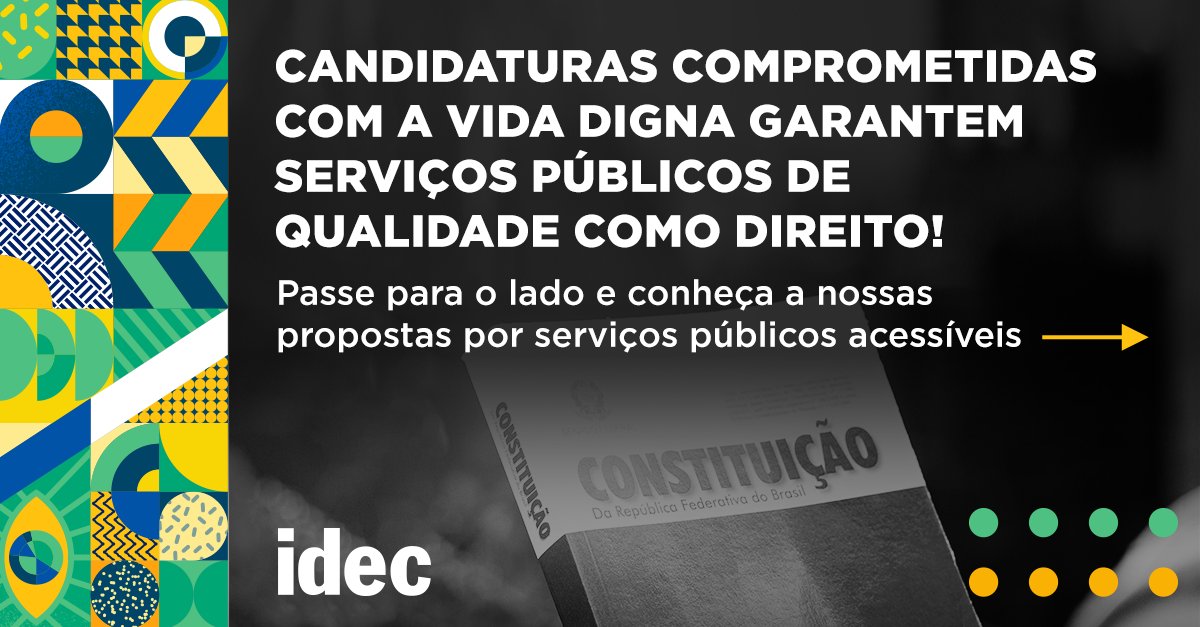 Nessas eleições, vote em quem apoia o direito a serviços públicos como água, luz, transporte público e internet. Concorda com isso? Compartilhe o post e marque o seu candidato ou candidata nos comentários e exija seu compromisso com os temas! Veja mais:
 idec.org.br/eleicoes2022 +