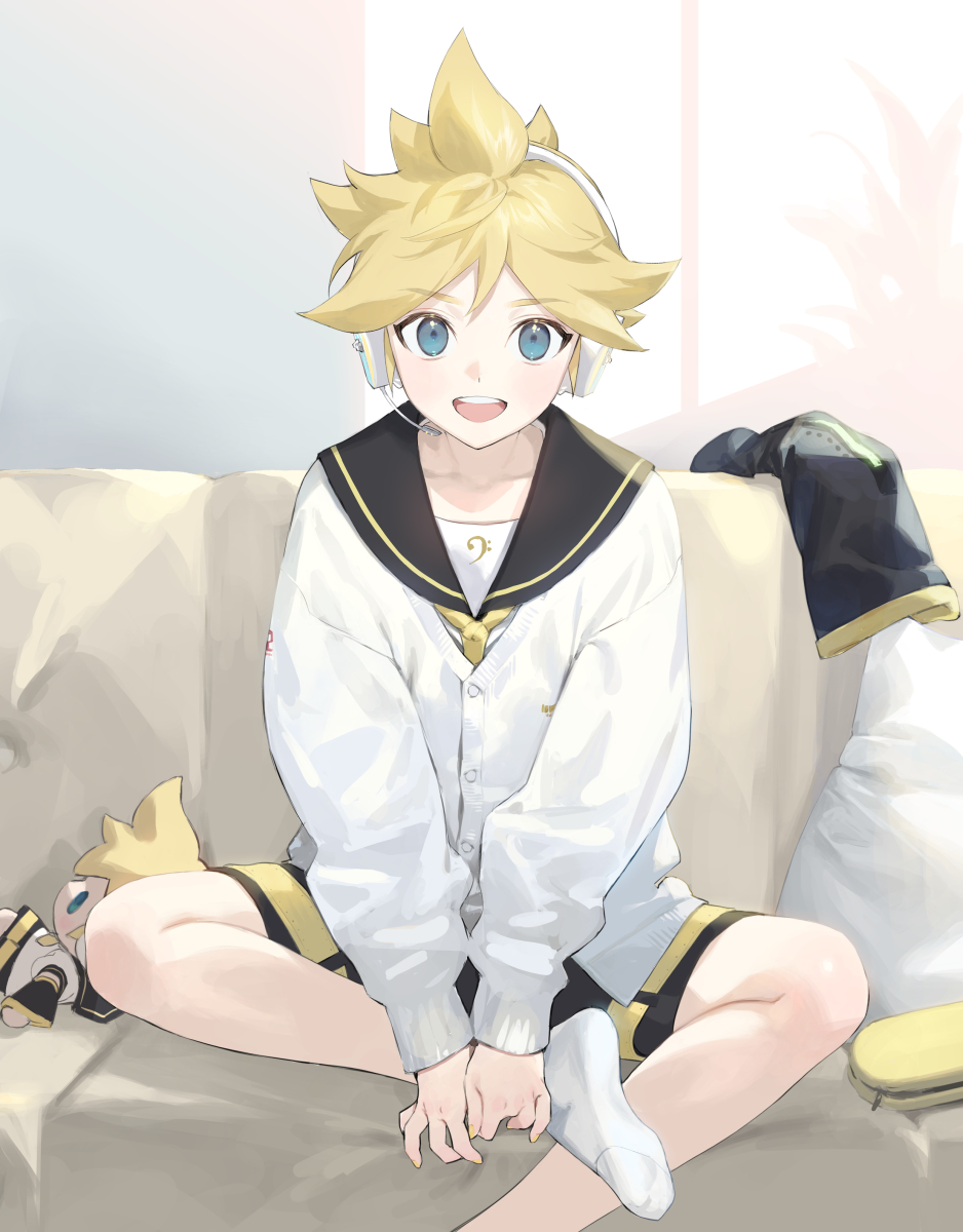 kagamine len sitting bass clef male focus blonde hair 1boy shorts looking at viewer  illustration images