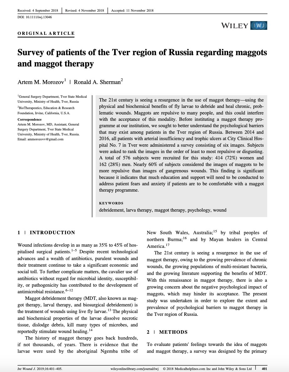 Survey of patients of the Tver region of Russia regarding maggots and maggot therapy. onlinelibrary.wiley.com/doi/epdf/10.11… #RUSSIA #maggottherapy
