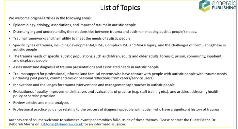 dr_treisman's tweet image. Just seen this call for papers around trauma and autism and thought might be of interest to some people so sharing on here