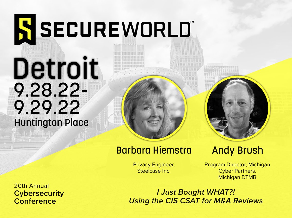 SecureWorld's tweet photo. This week at SecureWorld Detroit, Barbara Hiemstra and @Andybrush will present on how to use the CIS Controls Self Assessment Tool for M&A reviews. See the agenda and register here: https://t.co/mZUy95w41J Use code CONFSW2 for $100 off a Conference Pass. #SWDET22 https://t.co/ErqQ1ho8kB