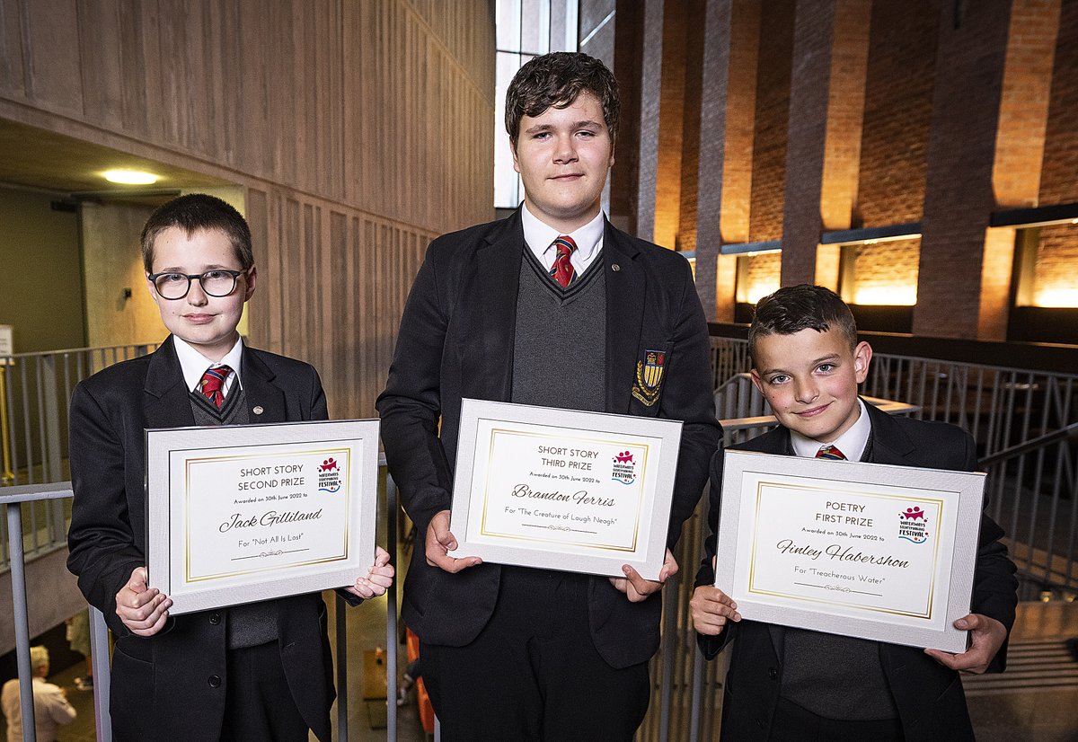 boysmodelschool's tweet photo. Huge congratulations to last year's 9NR pupils, who won 1st, 2nd &amp; 3rd place at the Waterways Story Making Festival at the Mac Theatre in Cathedral Quarter, winning prizes for their creative writing entries. Four wonderful writers in the making. Well done boys! @waterwaysstory https://t.co/GHeUFTZdi6