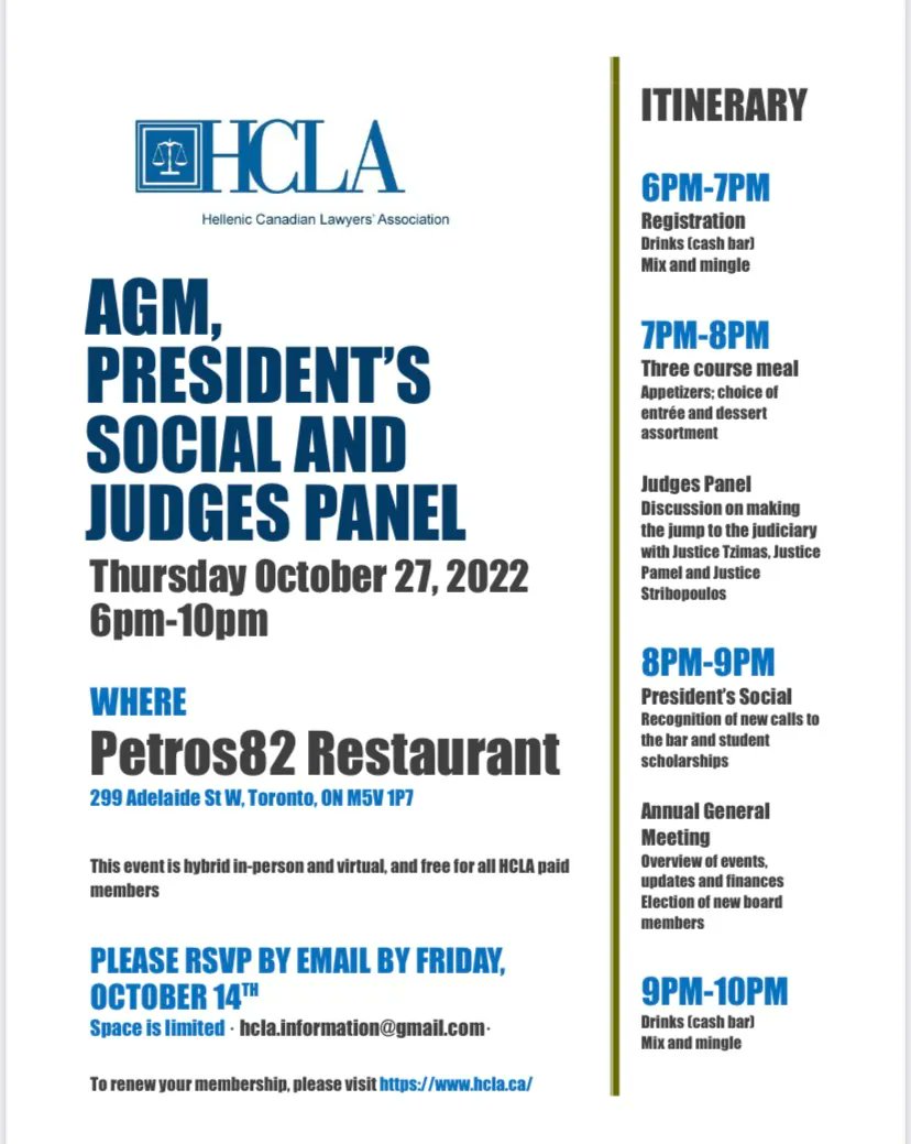 The HCLA will be holding our Annual General Meeting, President's Social and a Judges Panel on Thursday, October 27, 2022 at 6:00 p.m. This event will take place at Petros82 Restaurant and is free to all paid members.

Space is limited. Email us to RSVP!