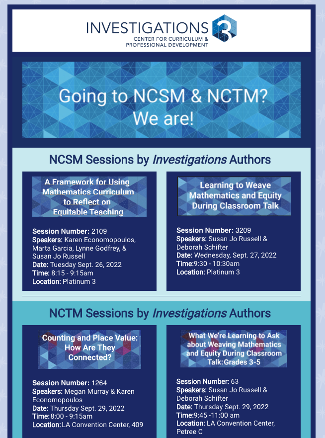 Are you going to NCSM in Anaheim? NCTM in LA? Come learn about a framework for creating an equitable math classroom, counting and place value, weaving equity through math talk, and using MP 1 to foster an equitable math learning community! #NCSM22 #NCTM22 conta.cc/3r5cmcY