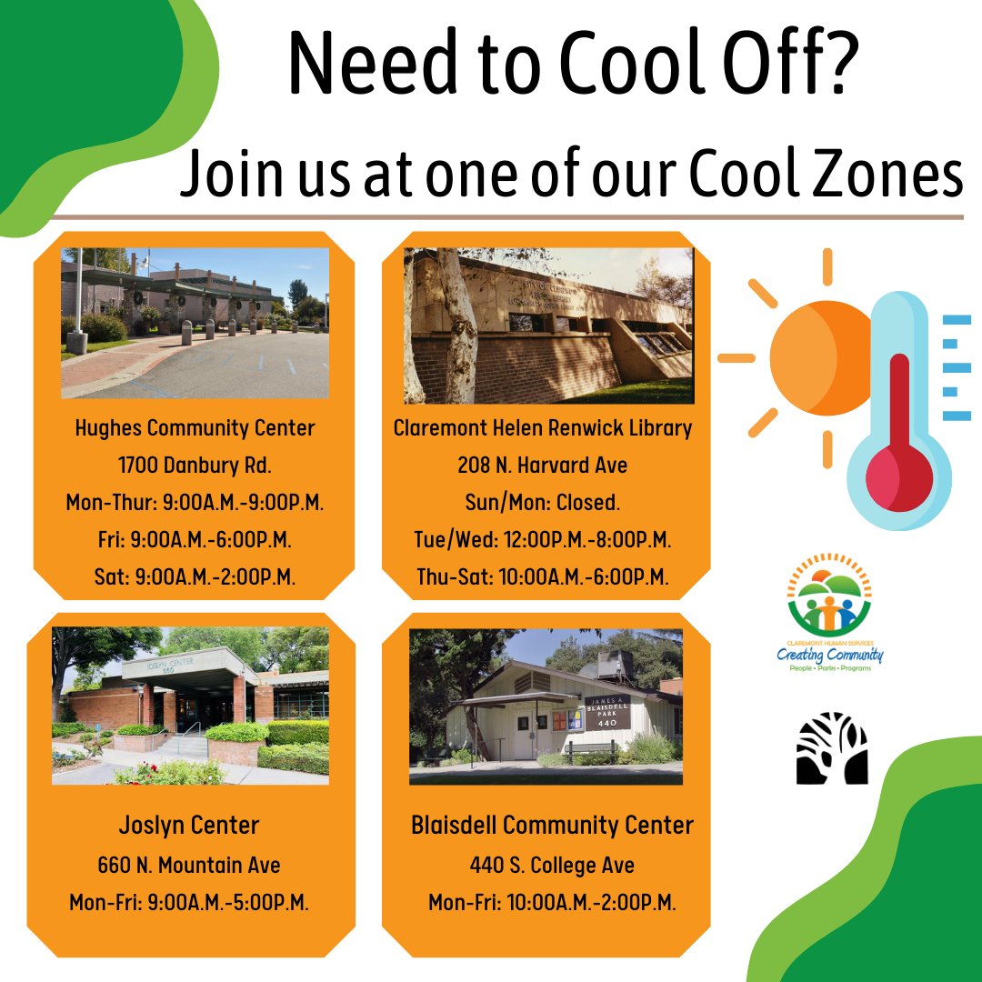 CityofClaremont's tweet photo. It's going to be HOT this week! When temperatures reach the triple digits, it is important to remember to take precautions to stay cool and hydrated. The City of Claremont has several cooling centers where residents can get out of the heat. https://t.co/wGnKib3NzE