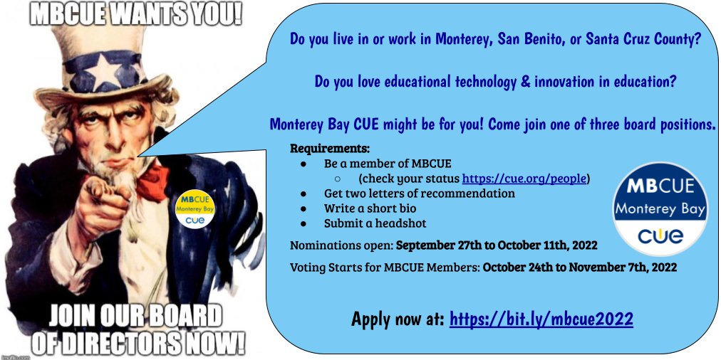 🚨 Nominations to join our board open tomorrow! 🚨 Come be a part of our amazing team leading EdTech and innovative education in the Monterey Bay Area!