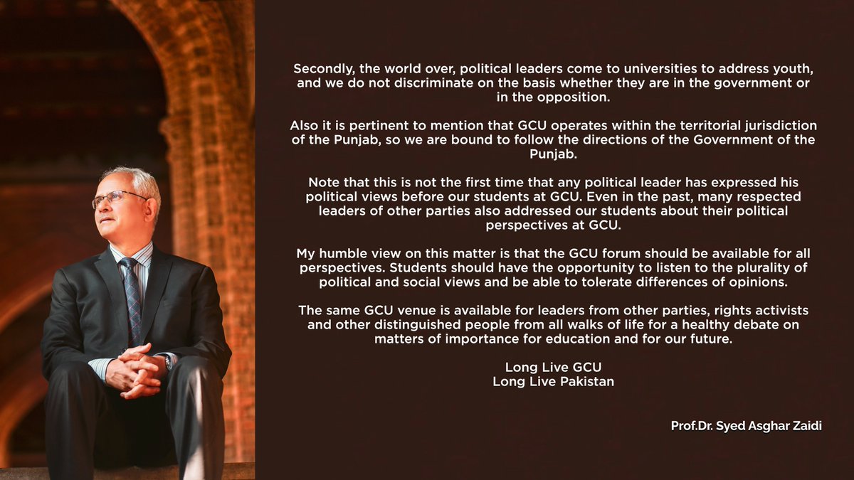 gcuniversitylhr's tweet photo. Here are the views of our Vice Chancellor, Prof Dr Syed Asghar Zaidi @zaidia regarding today’s event “Orientation Drive for Youth: Taleem Aur Hunar Sath Sath”, organised by @PITB….
#LongLiveGCU https://t.co/JSYu0ju4rU