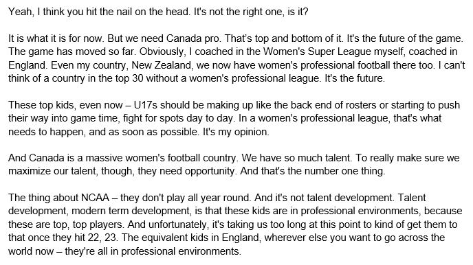 I asked Emma Humphries about the current youth development system in Canada/US and her thoughts on it compared to the rest of the world.

Here's her full answer, which IMO is very thoughtful: