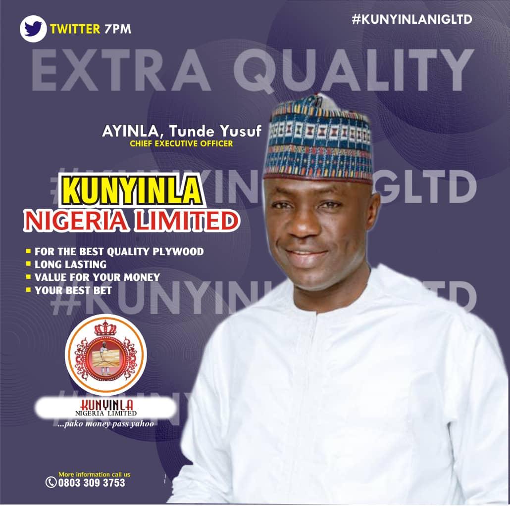 AfeesAdetona's tweet photo. For the best quality Plywood 

Long lasting 

Value for your money 

Kunyinla Nigeria limited is your best bet 

#KUNYINLANIGLTD
#KUNYINLANIGLTD
#KUNYINLANIGLTD

#FEMBYDAVIDO
#COCACOLA
#GRAMMYS
#GOAT https://t.co/iqPI0yLp3h