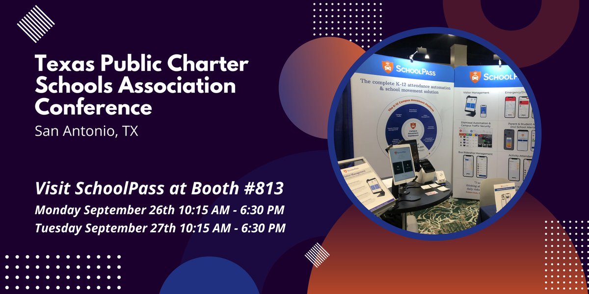 MySchoolPass's tweet photo. SchoolPass is exhibiting today and tomorrow at TPCSA in San Antonio!
We are connecting with Texas Public Charter School Association attendees at #TXCharterCon! Stop by and see us at booth #813 to discuss your campus movement plan and safety goals. https://t.co/btleLquyV2 https://t.co/bHZwfj8fg4