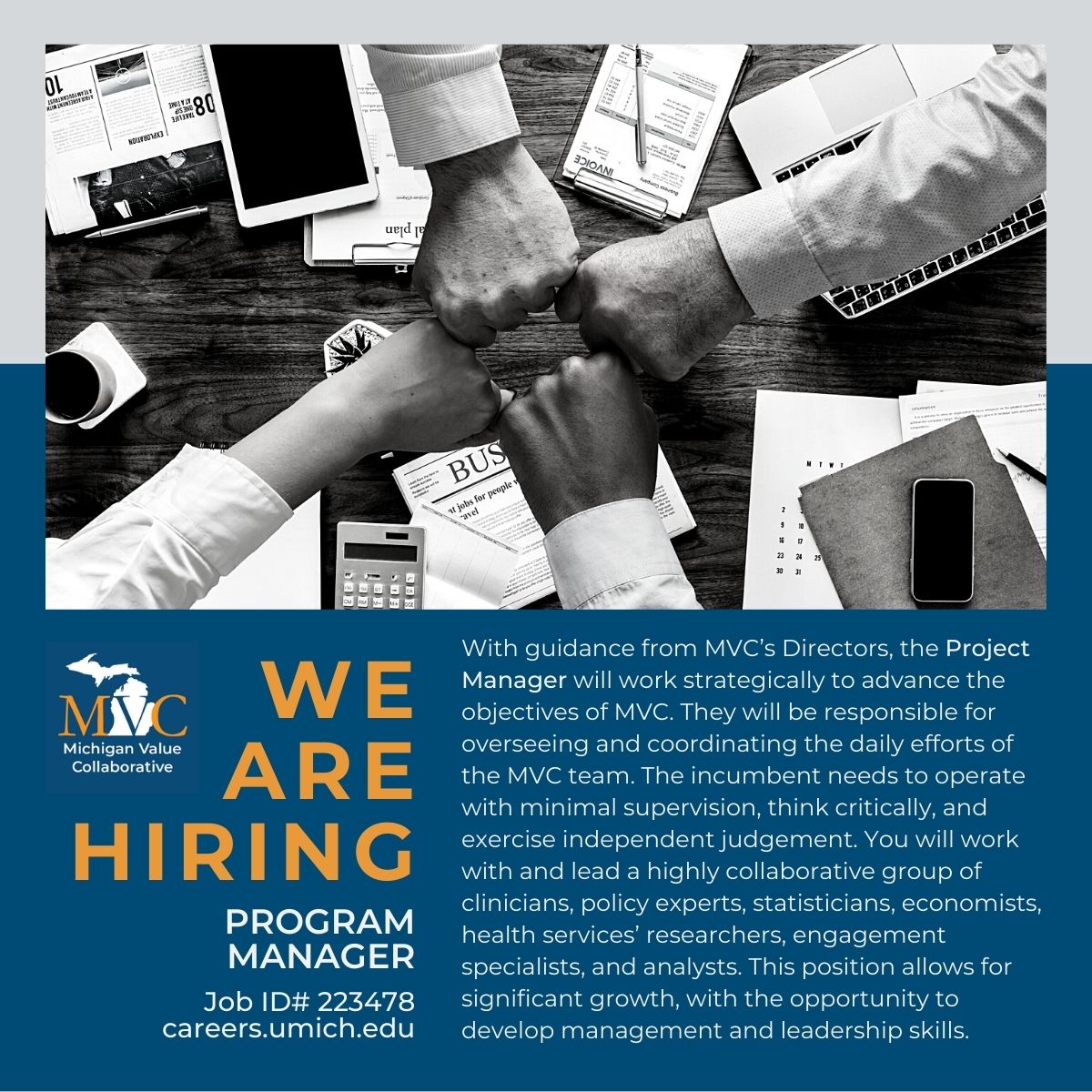 MVC is #hiring a new Program Manager! Do you know a great leader with a passion for healthcare quality improvement? We need them to help lead our 20-something team of analysts, engagement specialists, economists, researchers, and more. Apply here: careers.umich.edu/job_detail/223…