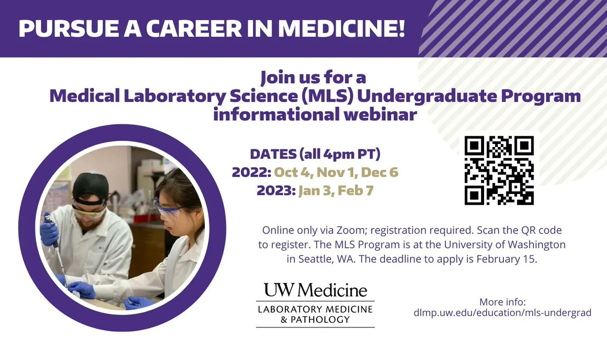 uwlabmedpath's tweet photo. Want to pursue a career in medicine? Join us for an info session about our #MedicalLaboratoryScientist (MLS) undergrad program on Tues, 10/4 at 4pm PT. Registration required; details at https://t.co/B5k8onA87u 

#HuskyExperience #BeBoundless @UWundergrad https://t.co/Cdue84blmn