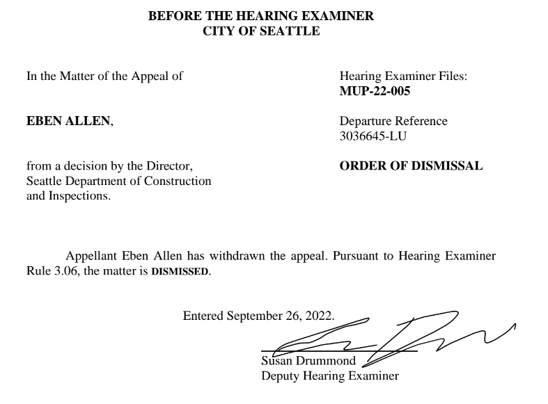 HearingSeattle's tweet photo. The appeal against this 5 story apartment building in Rainier Beach has been withdrawn, and therefore dismissed, 83 days after it was filed. The Rainier Beach Action Coalition had no longer been listed as an appellant. https://t.co/bdori8CcTz