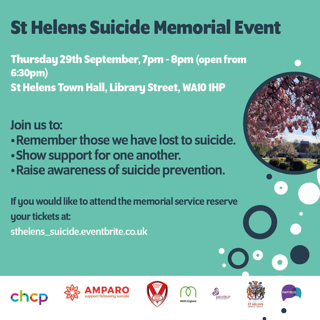 There's still time to book onto this year's Suicide Memorial Event, 19:00 - 20:00 pm Thursday 29th September, St Helens Town Hall. Reflect and celebrate in a special place for those lost to suicide, with support for families and friends  sthelenswellbeing.org.uk/services/menta…