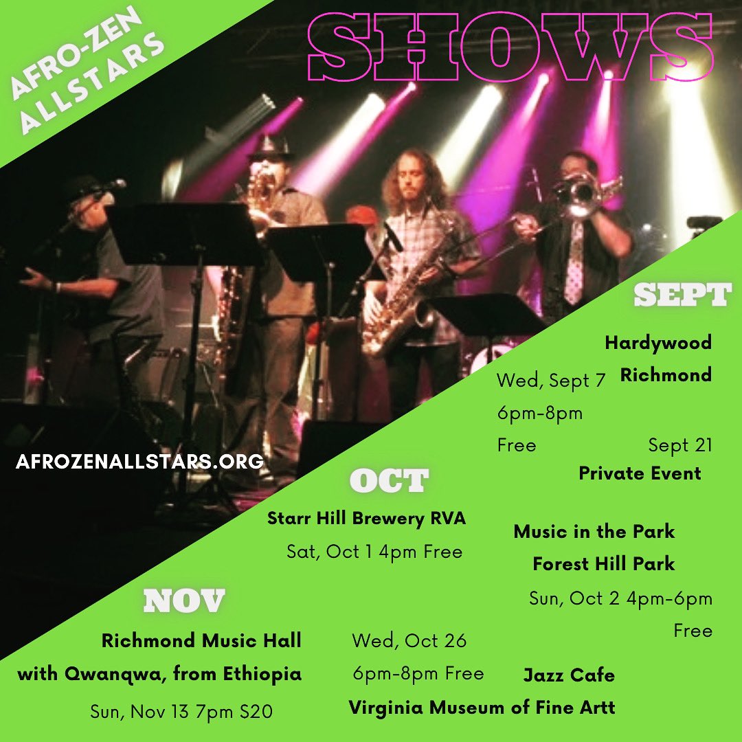 Yeah, we know it’s only Monday but we’re ready for the wkend! Don’t miss us @ <a href="/StarrHillRVA/">Starr Hill Beer Hall & Rooftop</a> on Sat 10/1 @ 4p &amp; Forest Hill Park #RVA on Sun, 10/2! (Plus save 11/13 <a href="/RVAMusicHall/">Richmond Music Hall</a> for our big show w the great Qwanqwa from #Ethiopia!) #EthioJazz #DanceParty #GlobalGroove #RichmondVA