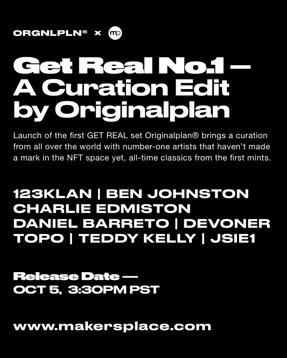 Get Real series No.1 - The first @makersplace curation set drops with this legends below. On OCT 5!!
<a href="/123klan/">123klan</a> / <a href="/BenJohnston25/">BenJohnston.eth</a> / <a href="/charlieedmiston/">Charlie Edmiston</a> / <a href="/esdanielbarreto/">danielbarreto</a> / <a href="/devonergonzalez/">DEVONER</a> / <a href="/topofoto/">topo van de mol</a> / <a href="/teddy_kelly/">teddy kelly</a> / <a href="/jsie_1/">Jsie.1</a>

Read the interviews here. 👇
rare.makersplace.com/2022/09/23/get…
