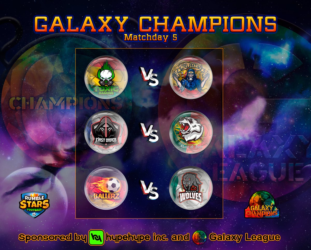 ------------------
<a href="/RumbleStars/">Rumble Stars Football ⚽️</a>
------------------
Interesting matches for this week, could there be any surprises?

#GalaxyChampions
---------------------------
discord.gg/EsYberEqay