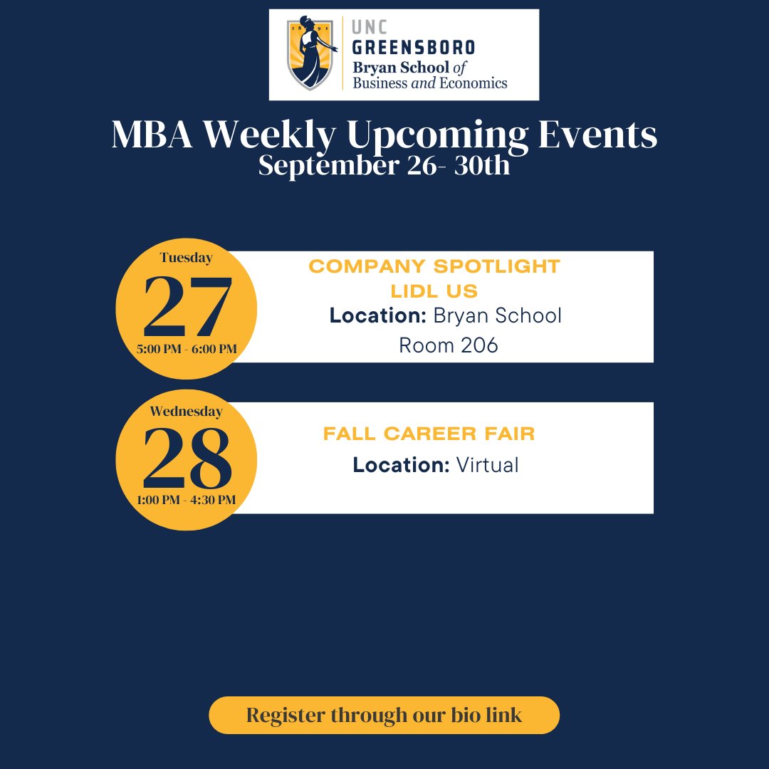 Happy Monday MBA students! Check out the events this week. Make sure to register! We look forward to seeing you! #uncgmba #uncg #bryanschool