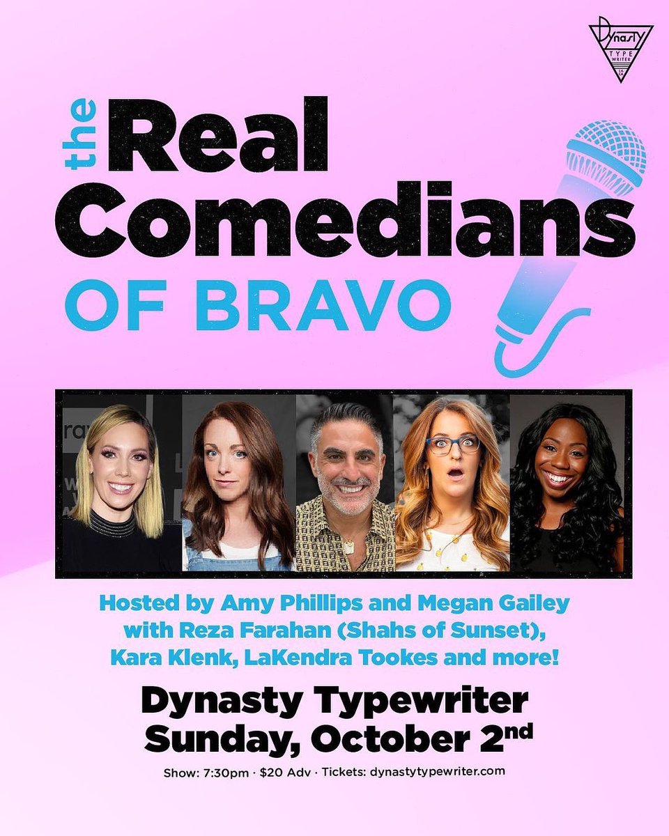 Los Angeles, CA!!!

Coming to you live! The Real Comedians of Bravo with <a href="/AmyPhillips_/">Amy Phillips</a> me, @megangailey, @karaklenk, and <a href="/LaKendraTookes/">LaKendra Tookes</a> on October 2nd at 730pm at <a href="/JoinTheDynasty/">Dynasty Typewriter</a> 🎤

Can’t wait to meet and laugh with you all!

TIX and info ➡️: eventbrite.com/e/the-real-com…