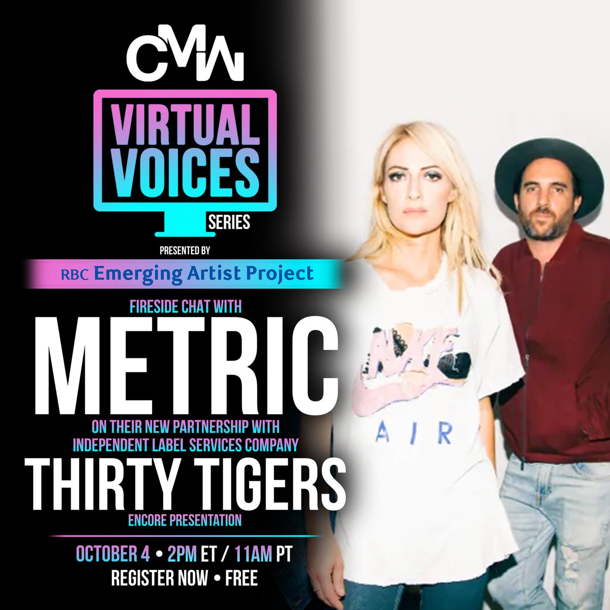 Virtual Voices is back! Tune in next Tuesday October 4th at 2pm ET to watch Metric’s Fireside Chat from CMW 2022 discussing their new partnership with independent label services company Thirty Tigers. Register now for FREE -> bit.ly/3SqWwVN