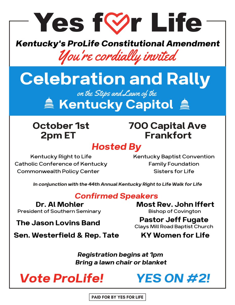 YesforLifeKY's tweet photo. 🚨 @YesforLifeKY wants to see you THIS Saturday on the lawn of the Kentucky State Capitol for a celebration and rally in support of the unborn and Constitutional Amendment #2! 

Let's proudly show our excitement to vote YES for life on Nov. 8th! #YesOn2 https://t.co/h4AlPGUpIT