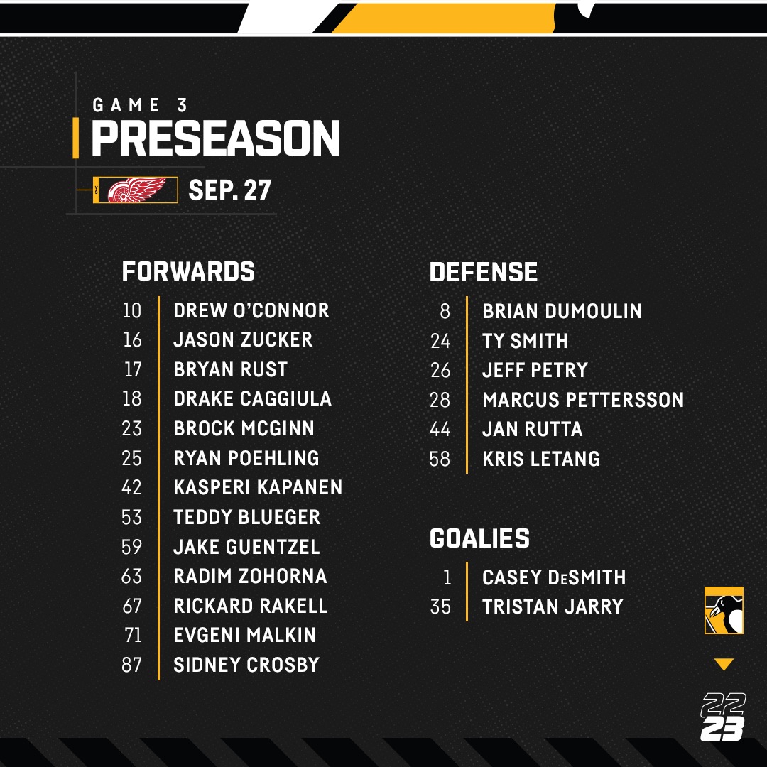 penguins's tweet photo. Want to know who will be in the lineup for tomorrow's preseason contest against Detroit?

We've got your answer: https://t.co/fAnN7SV9qv https://t.co/3ILiCG2Gug