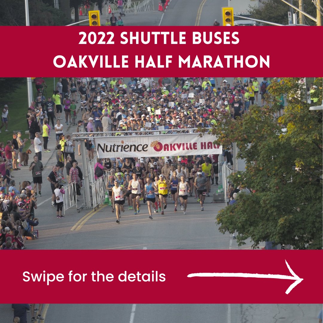 OakvilleHalf's tweet photo. Oakville Half Marathon Race Weekend shuttle buses are free for all participants &amp; spectators. The shuttles run every 10-15 minutes. We strongly recommend getting on a shuttle an hour before your race starts, we would hate to see anyone miss the start of their race. #OakvilleHalf https://t.co/Mgt48hLIku
