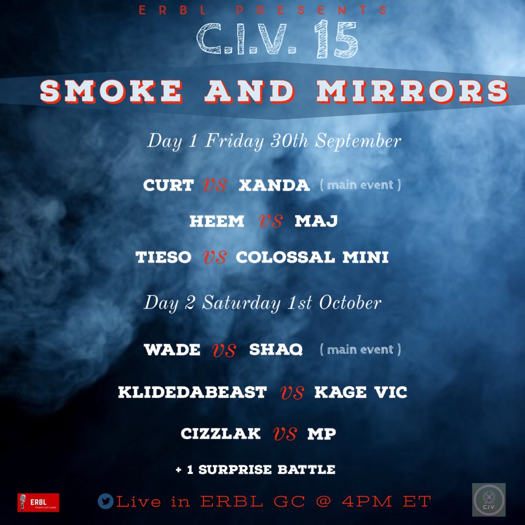 The best text battle league on the net is back with another 2 day event : 

                🚨 C.I.V. 15 🚨

💨🪞SMOKE AND MIRROS 💨🪞

Friday 30th September and Saturday 1st October  @ 4pm EST live in our group chat. DM <a href="/ERBL_HOF/">Class♠️</a> if you wanna spectate.