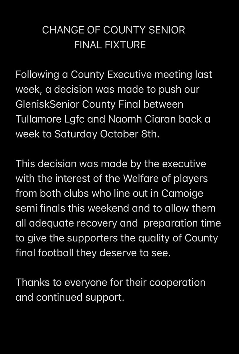 OffalyLGFA's tweet photo. Notice of fixture change for @Glenisk Senior county final between @TullamoreLGFC and @NaomhCiaranLGFA https://t.co/1mfaEPkF2w