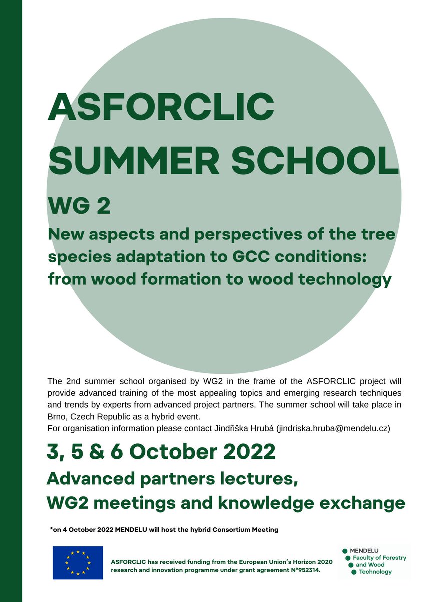 ASFORCLIC_H2020's tweet photo. The 2nd summer school organized by WG2 in frame of the #ASFORCLIC project will take a place in Brno, Czech Republic at #MENDELU on October 3, 5 & 6. #HorizonEurope #Twinning #research #woodscience #modification #applications https://t.co/l4FzvjXhpW