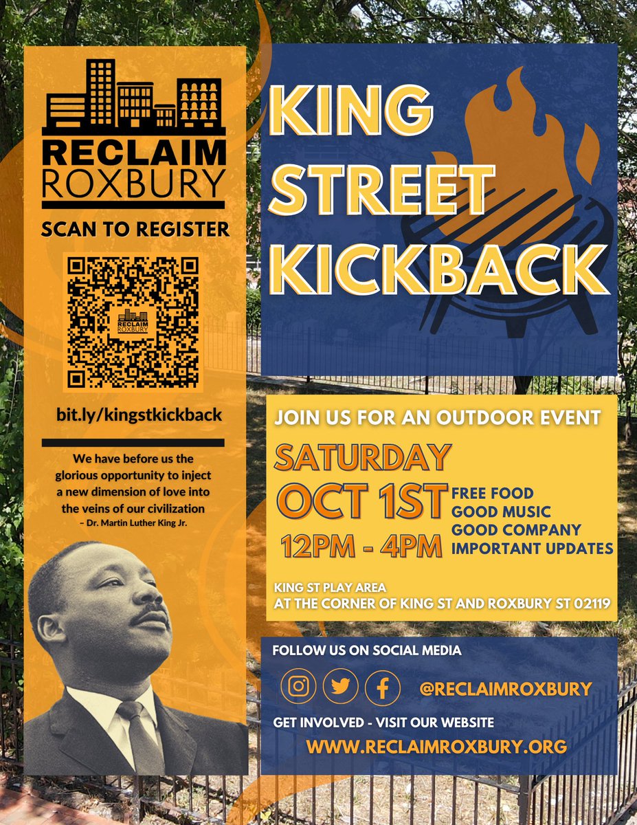 ReclaimRoxbury's tweet photo. Roxbury residents- Join us this Saturday 12-4 on King St for food and networking about the movement for affordable housing, public land for public good, and development without displacement! LINK TO REGISTER:  https://t.co/eBN7ovz3ws  #reclaimroxbury #bospoli https://t.co/oS9b1iHyqX